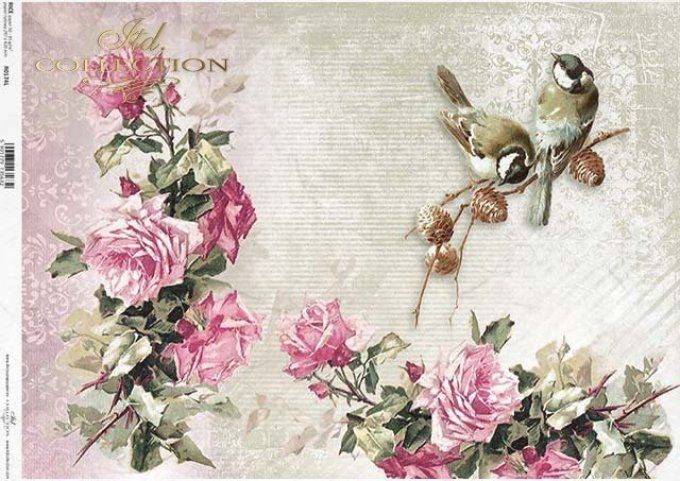 Papier de Riz Tea Time Roses et Mésanges R0174L