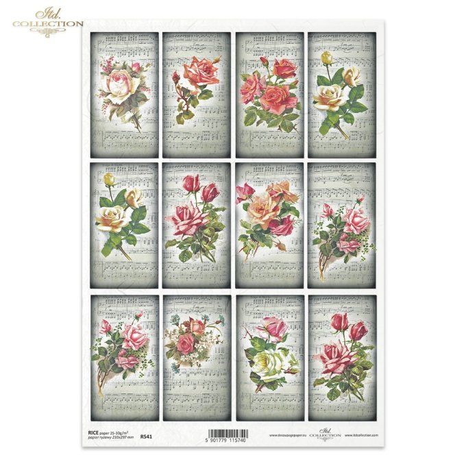Papier de Riz Etiquettes Partitions Roses R0541
