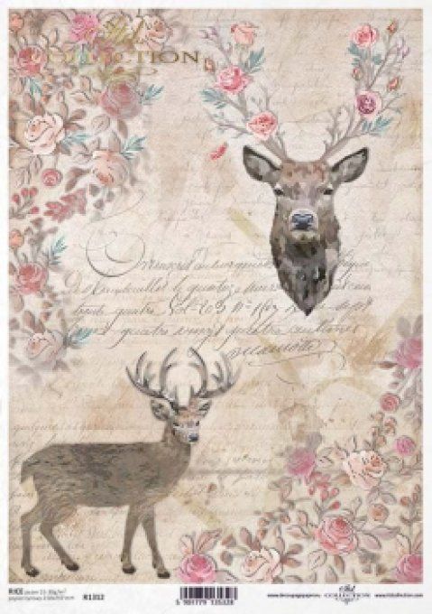 Papier de Riz Cerfs fleuris R1312