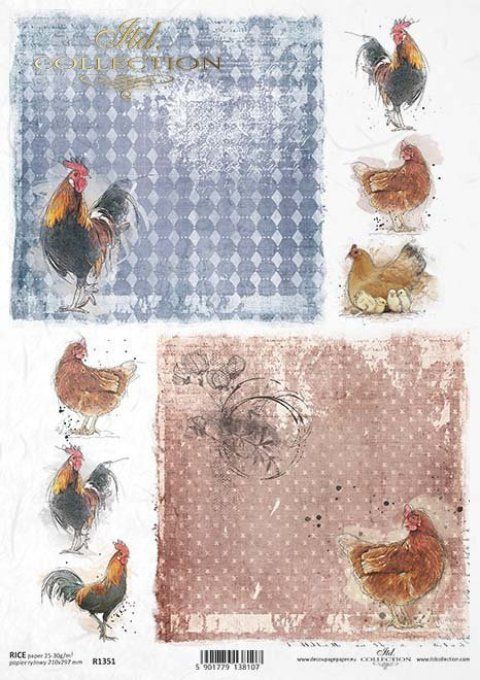 Papier de Riz Poule, Coq et Fond R1351