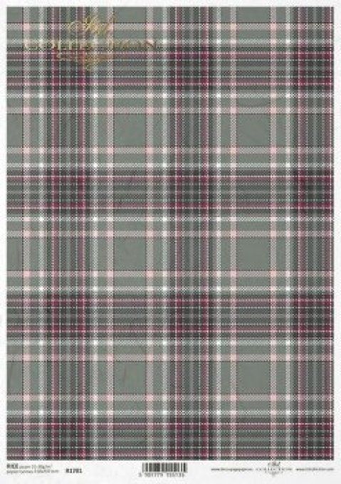 Papier de Riz Carreaux Ecossais Gris Noir Rose R1781