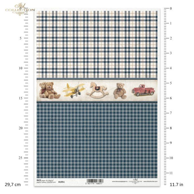 Papier de Riz Carreaux bleus jouets rétro R1951