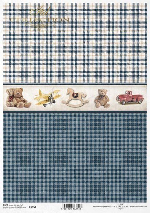Papier de Riz Carreaux bleus jouets rétro R1951