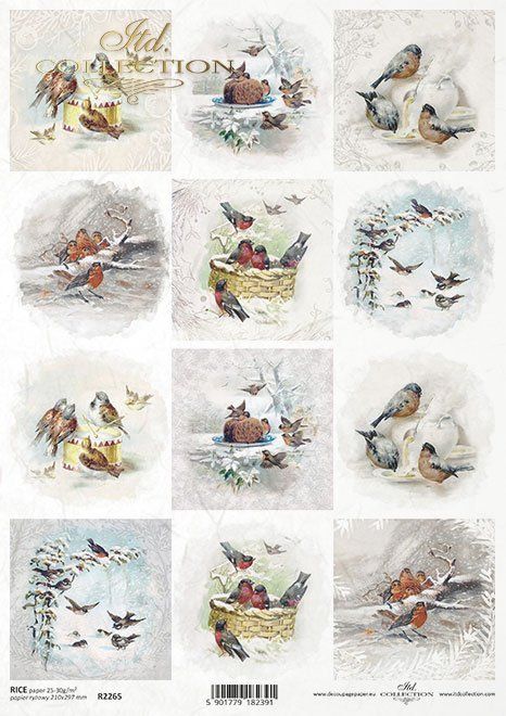 Papier de Riz Etiquettes Oiseaux sous la neige R2265
