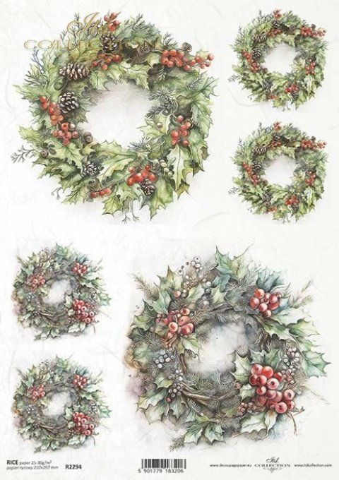 Papier de Riz Grandes Couronnes Noël tradition R2294
