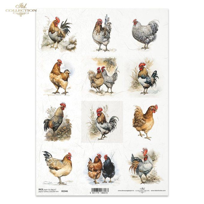 Papier de Riz Etiquettes Poules et Coqs R2346