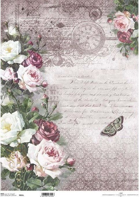 Papier de Riz Roses et Manuscrit R0055L