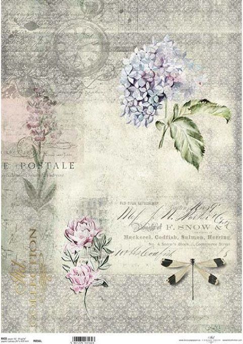 Papier de Riz Hortensia et Libellule R0056L