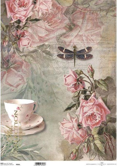 Papier de Riz Tea Time Roses et Libellule R0058L