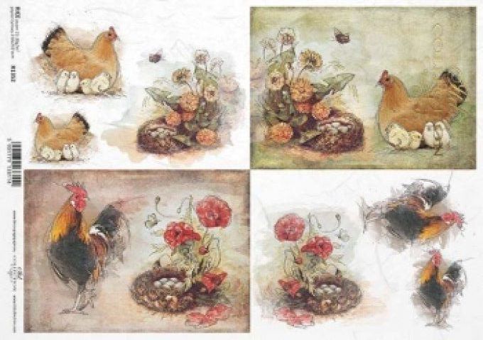 Papier de Riz Coqs et Coquelicots R1352